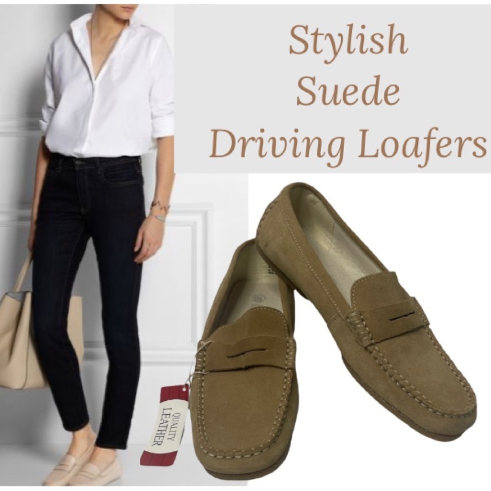 Suede Driving Loafers Tan Leather Slip On Drivers Comfort Flats Womens Size 6.5